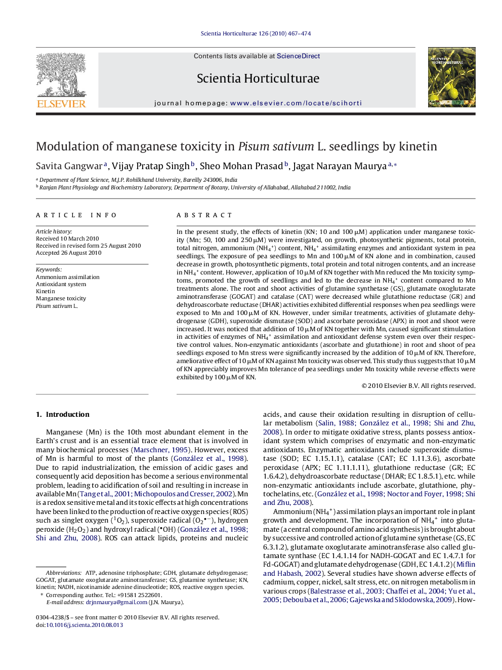 Modulation of manganese toxicity in Pisum sativum L. seedlings by kinetin