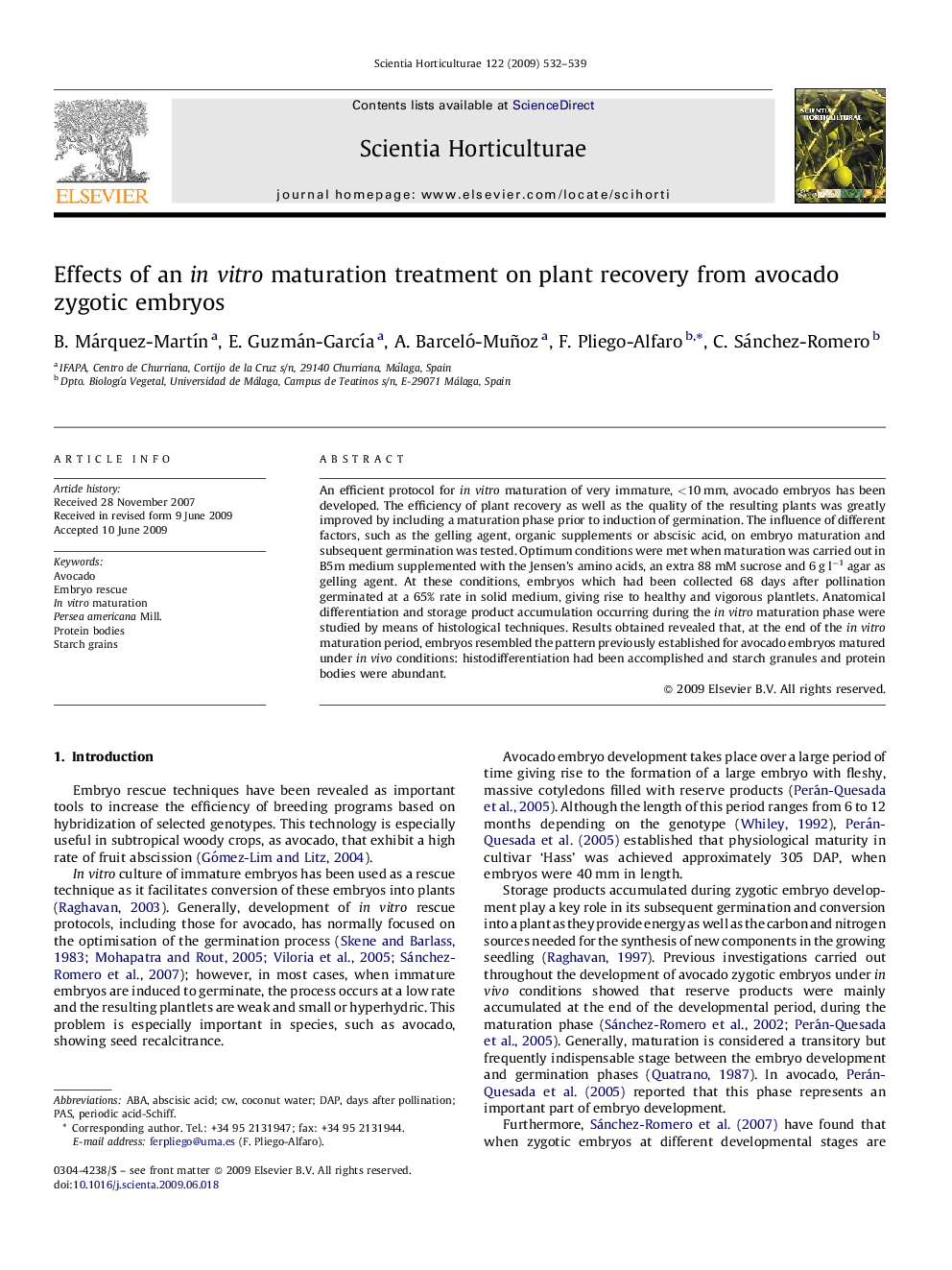 Effects of an in vitro maturation treatment on plant recovery from avocado zygotic embryos