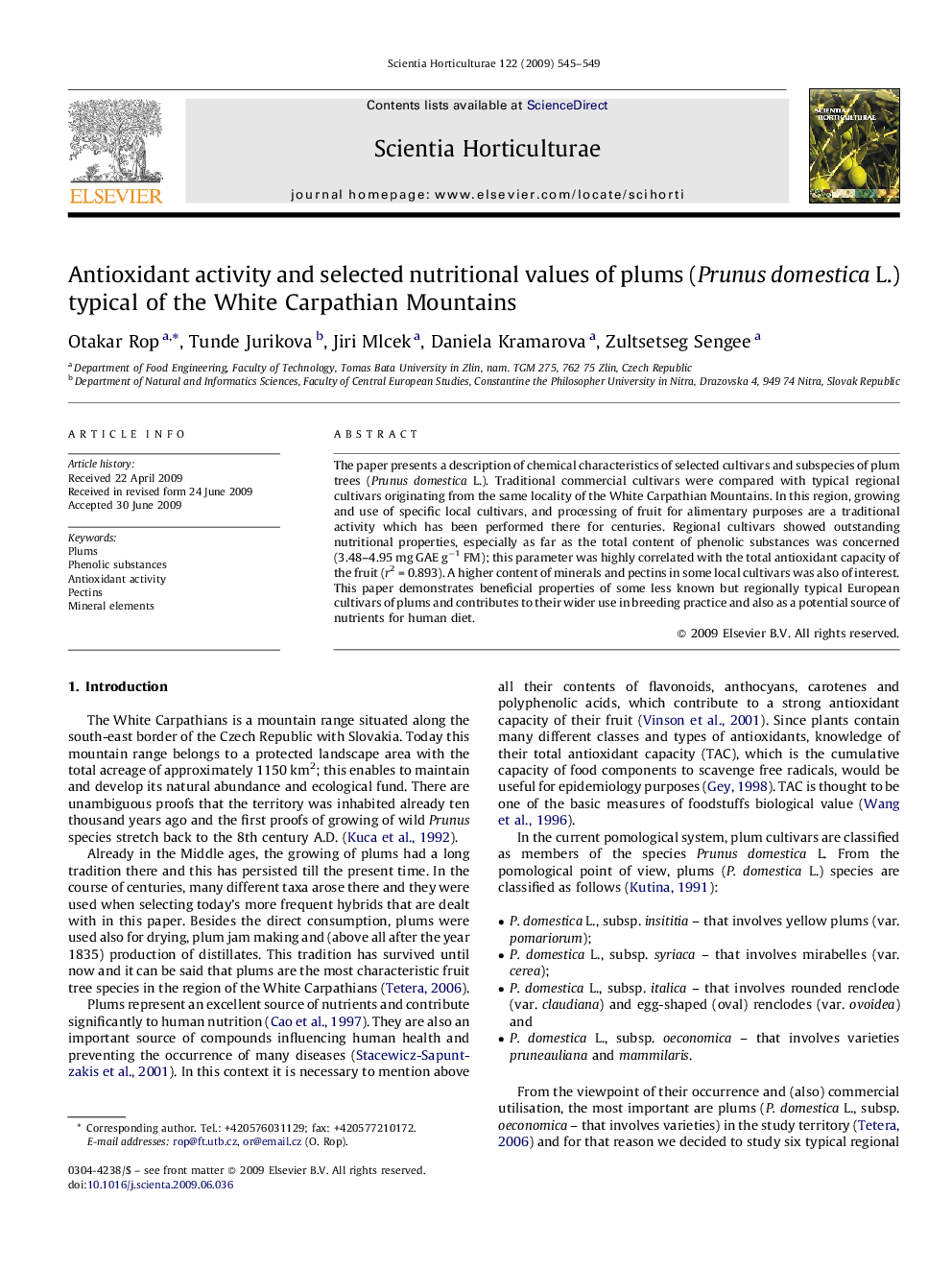 Antioxidant activity and selected nutritional values of plums (Prunus domestica L.) typical of the White Carpathian Mountains