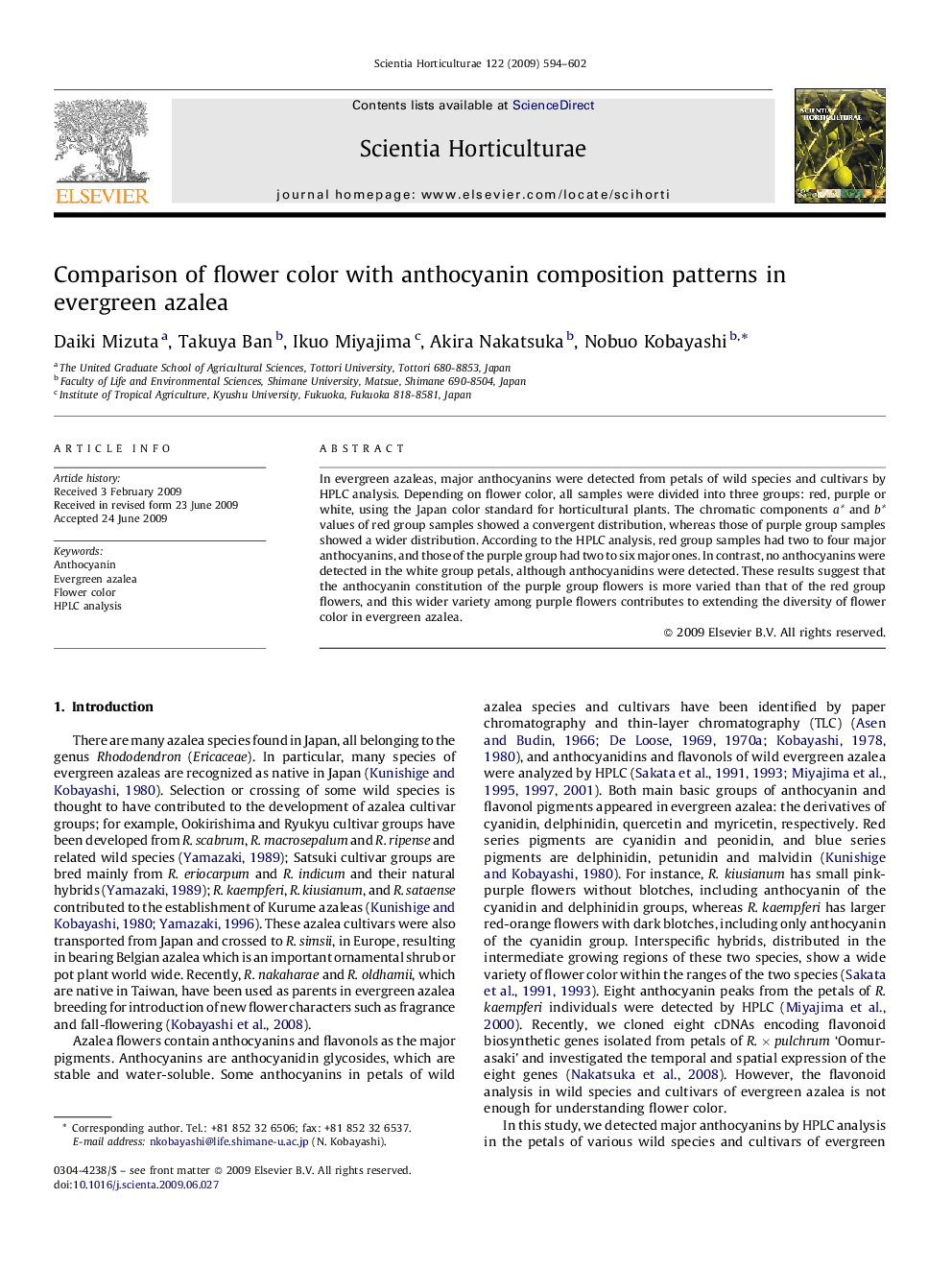 Comparison of flower color with anthocyanin composition patterns in evergreen azalea