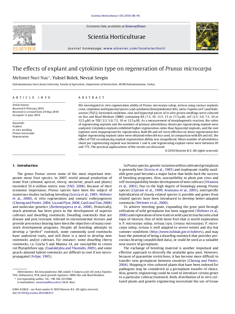 The effects of explant and cytokinin type on regeneration of Prunus microcarpa