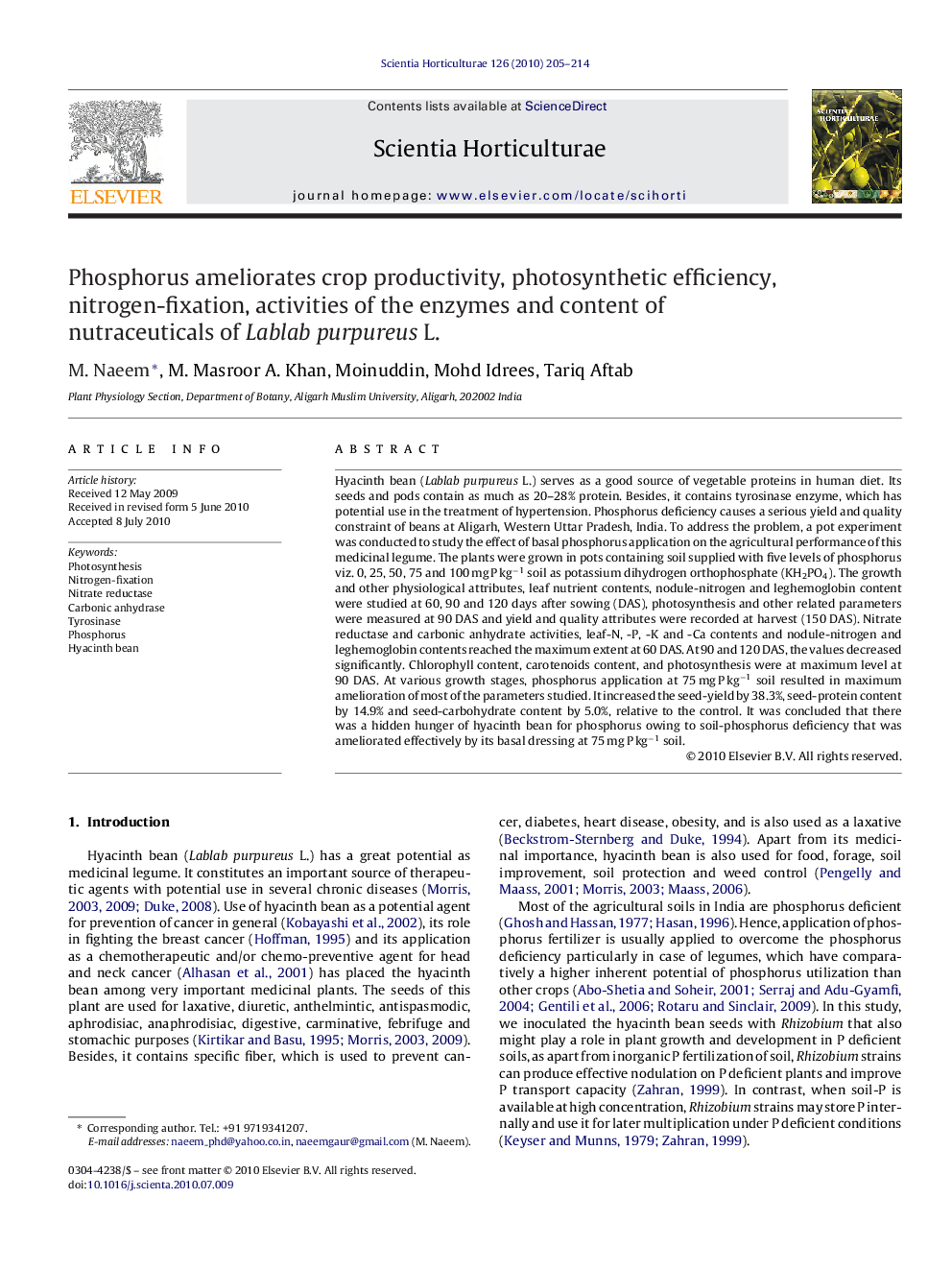 Phosphorus ameliorates crop productivity, photosynthetic efficiency, nitrogen-fixation, activities of the enzymes and content of nutraceuticals of Lablab purpureus L.