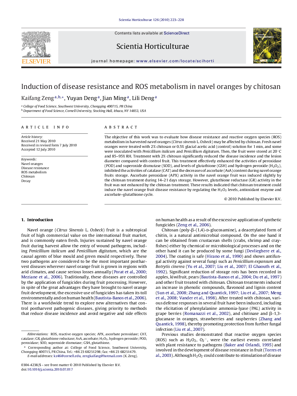 Induction of disease resistance and ROS metabolism in navel oranges by chitosan