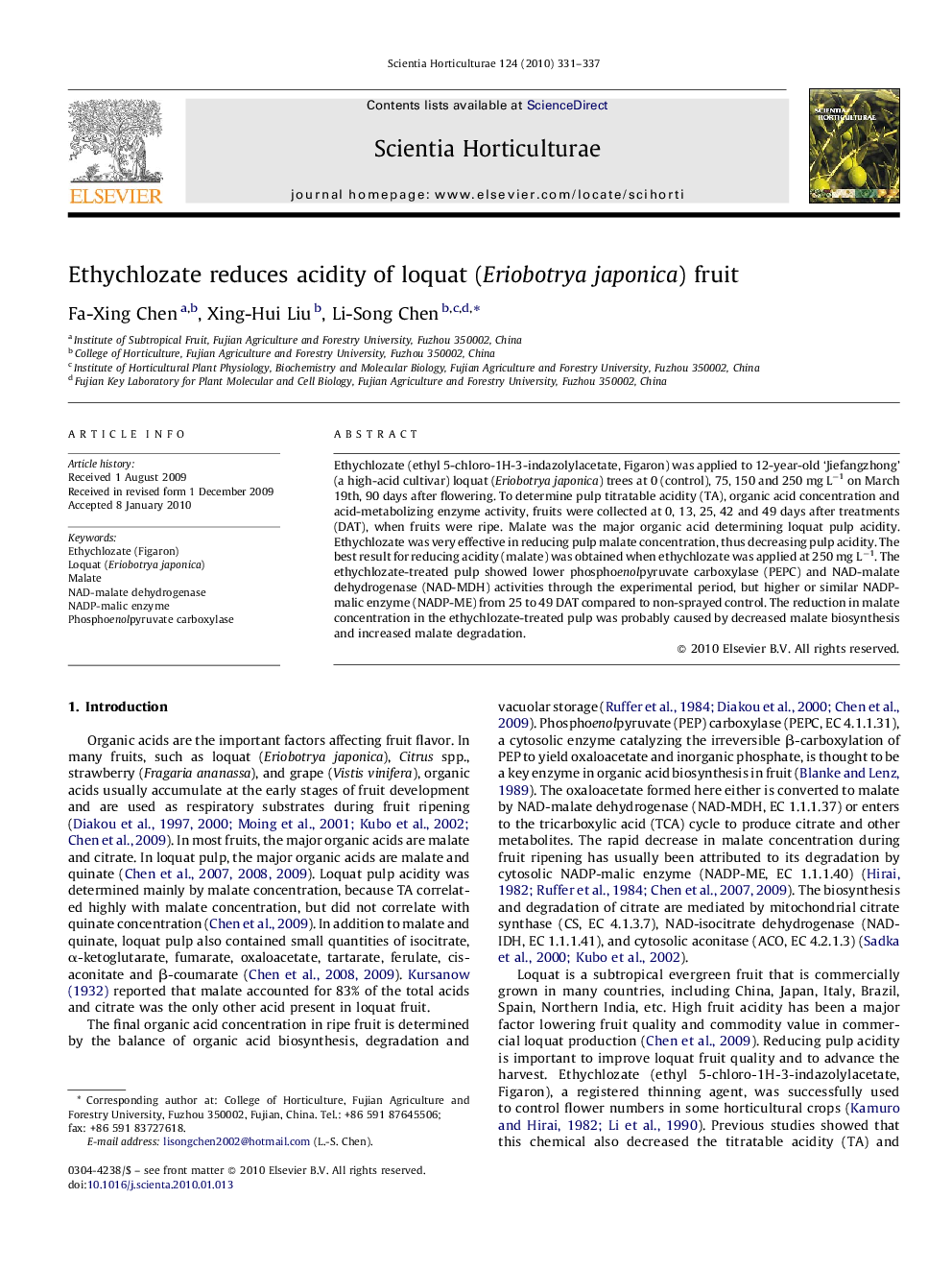 Ethychlozate reduces acidity of loquat (Eriobotrya japonica) fruit