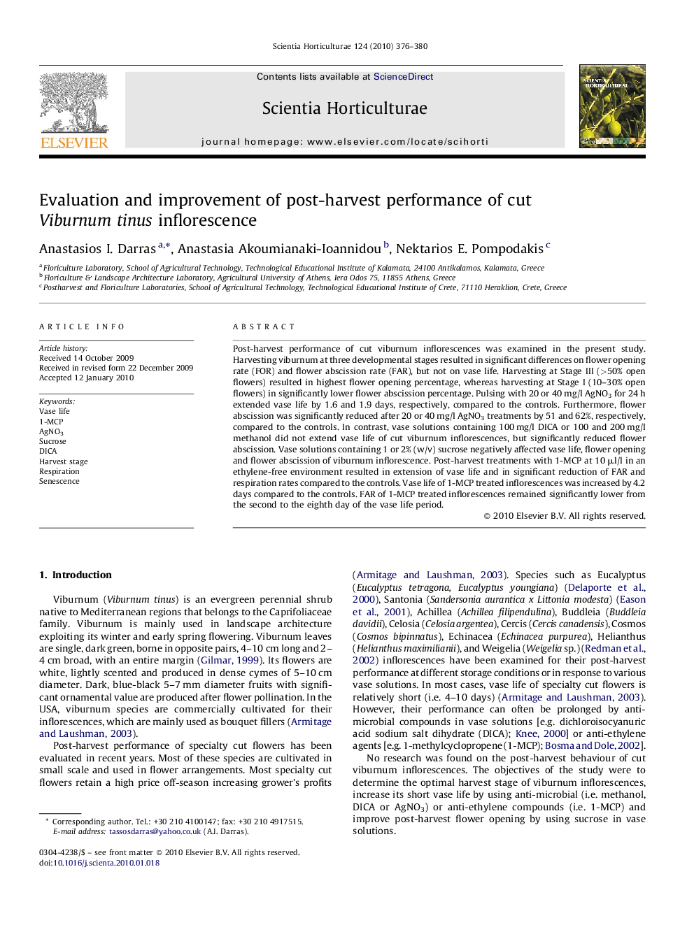 Evaluation and improvement of post-harvest performance of cut Viburnum tinus inflorescence