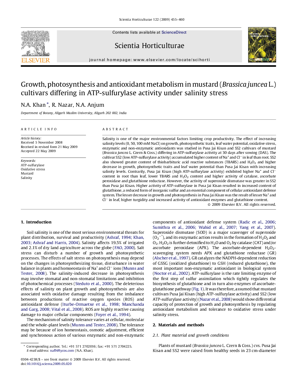 Growth, photosynthesis and antioxidant metabolism in mustard (Brassica juncea L.) cultivars differing in ATP-sulfurylase activity under salinity stress