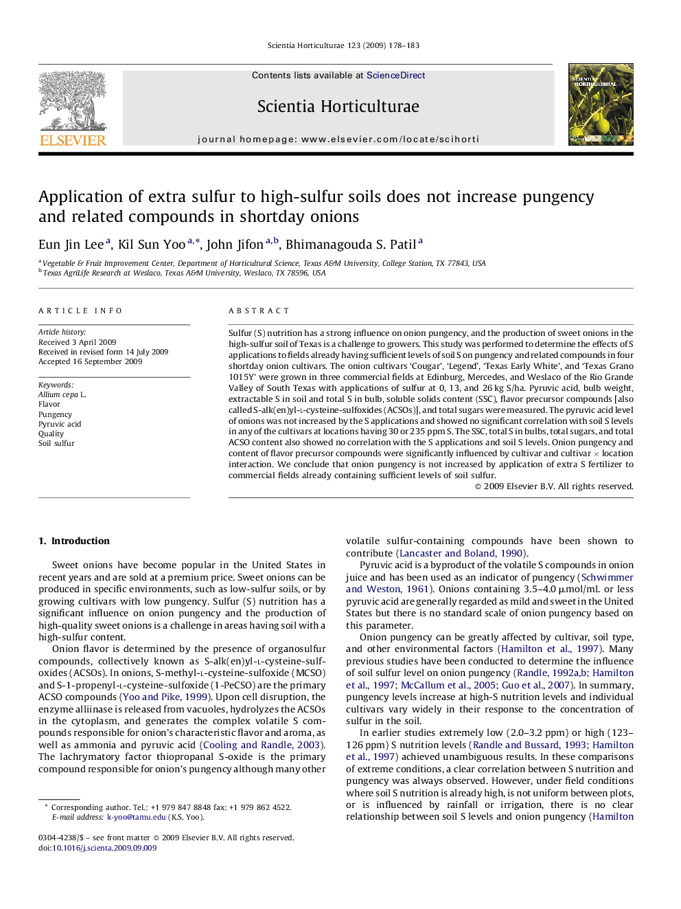 Application of extra sulfur to high-sulfur soils does not increase pungency and related compounds in shortday onions