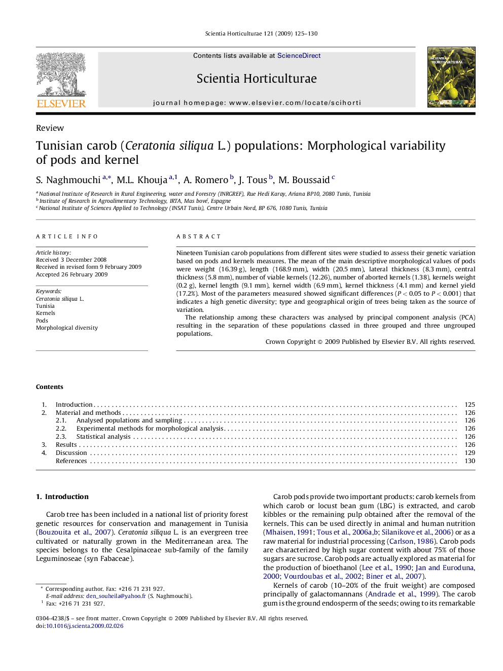 Tunisian carob (Ceratonia siliqua L.) populations: Morphological variability of pods and kernel