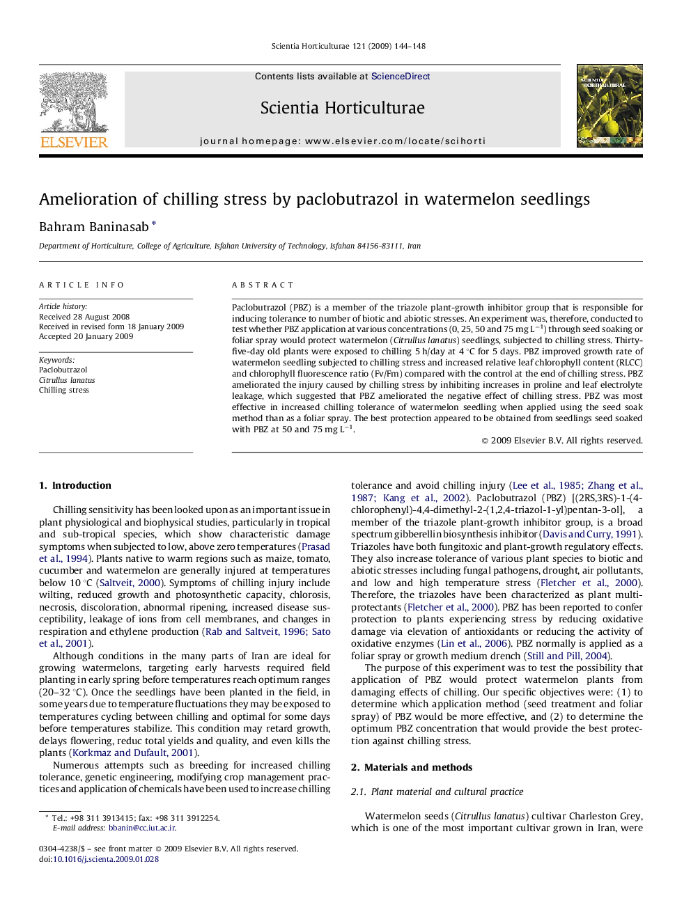 Amelioration of chilling stress by paclobutrazol in watermelon seedlings