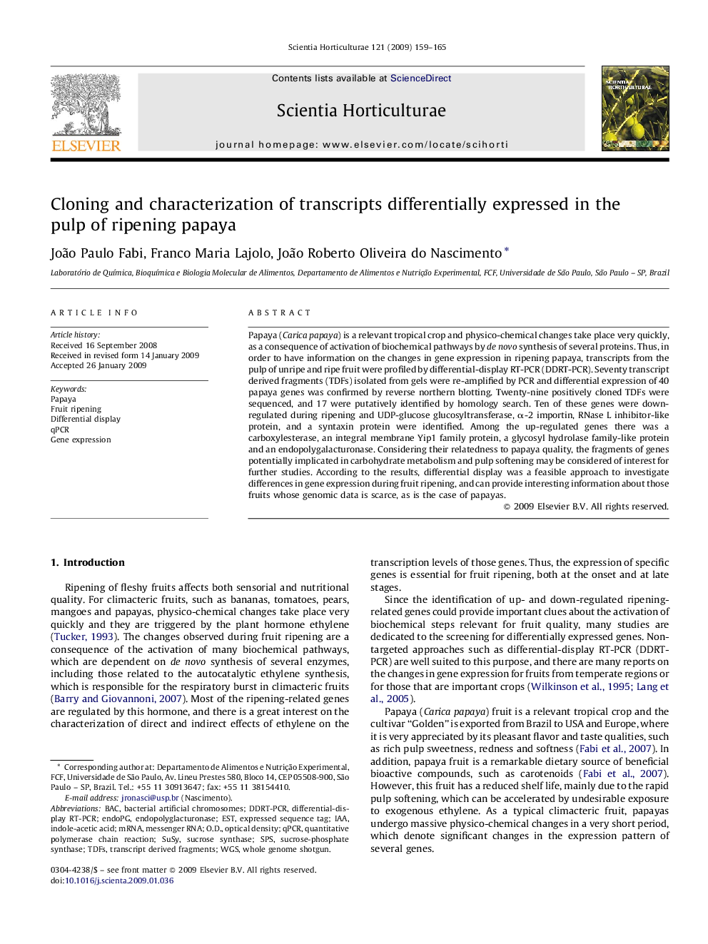 Cloning and characterization of transcripts differentially expressed in the pulp of ripening papaya