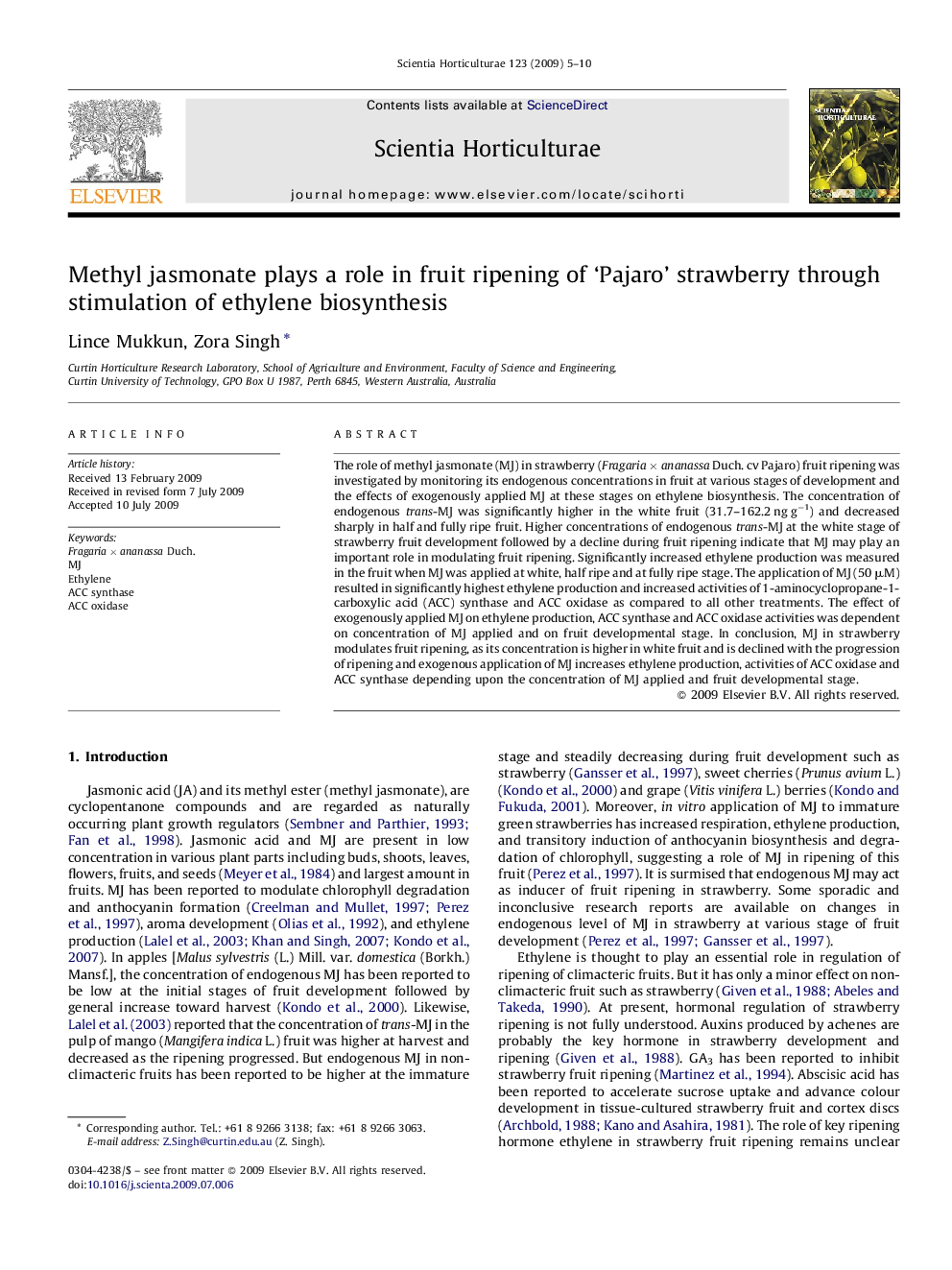 Methyl jasmonate plays a role in fruit ripening of 'Pajaro' strawberry through stimulation of ethylene biosynthesis