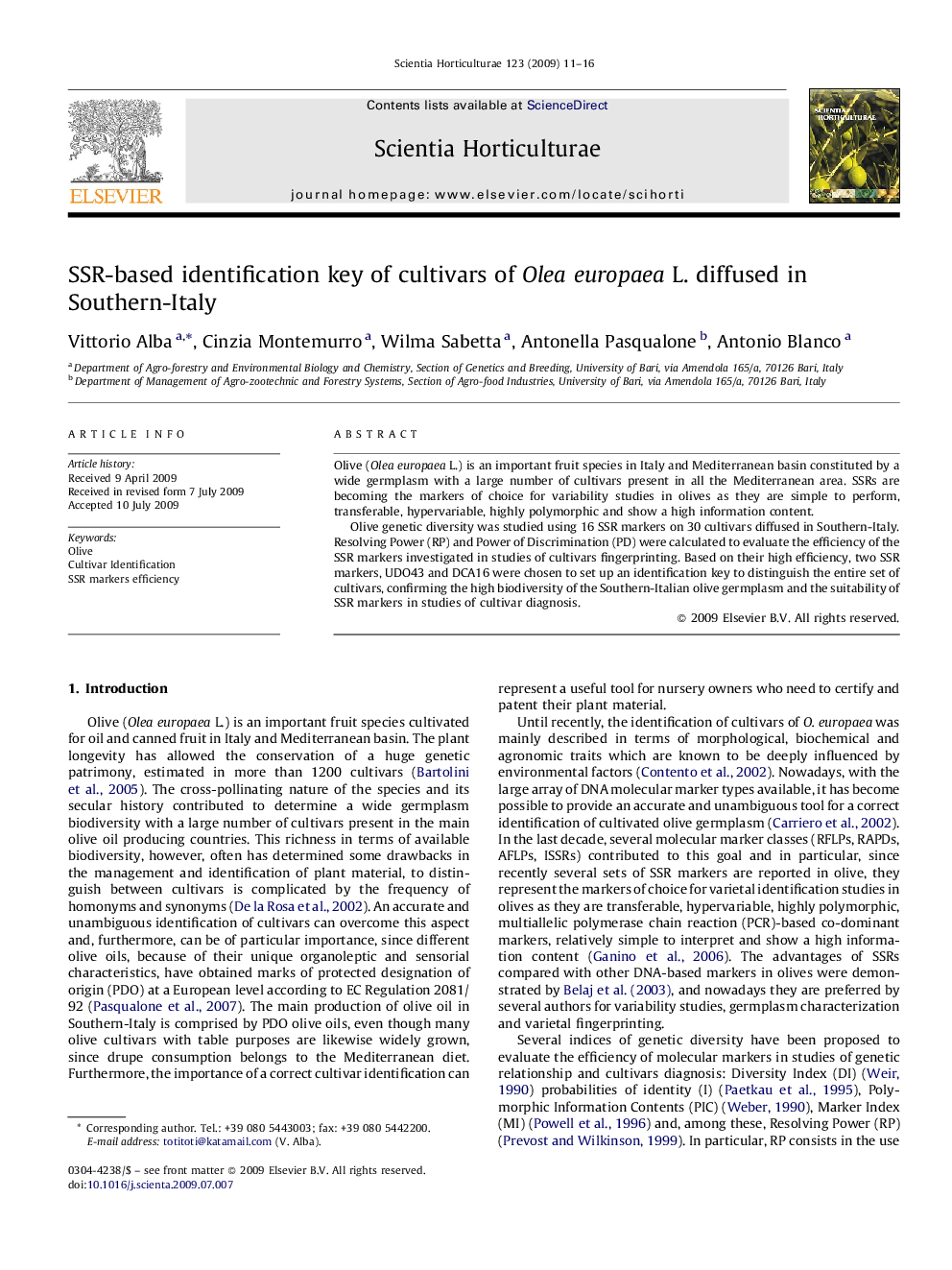 SSR-based identification key of cultivars of Olea europaea L. diffused in Southern-Italy