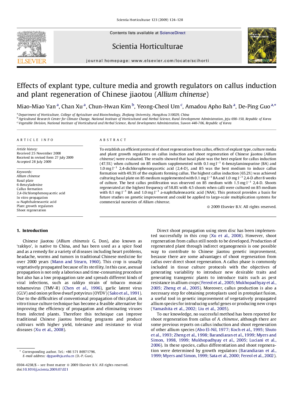 Effects of explant type, culture media and growth regulators on callus induction and plant regeneration of Chinese jiaotou (Allium chinense)