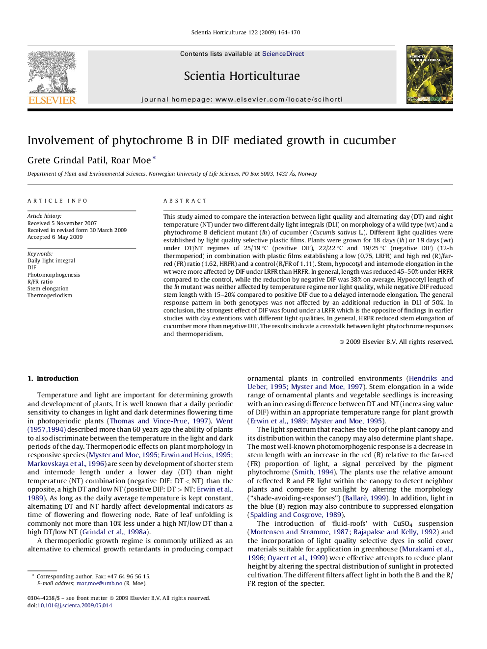 Involvement of phytochrome B in DIF mediated growth in cucumber