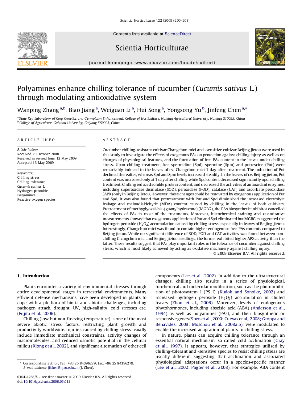 Polyamines enhance chilling tolerance of cucumber (Cucumis sativus L.) through modulating antioxidative system