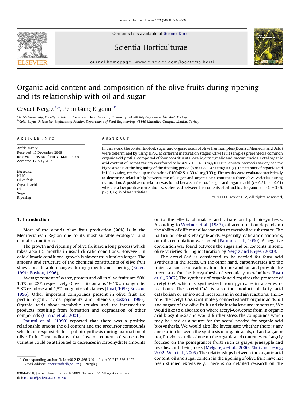 Organic acid content and composition of the olive fruits during ripening and its relationship with oil and sugar