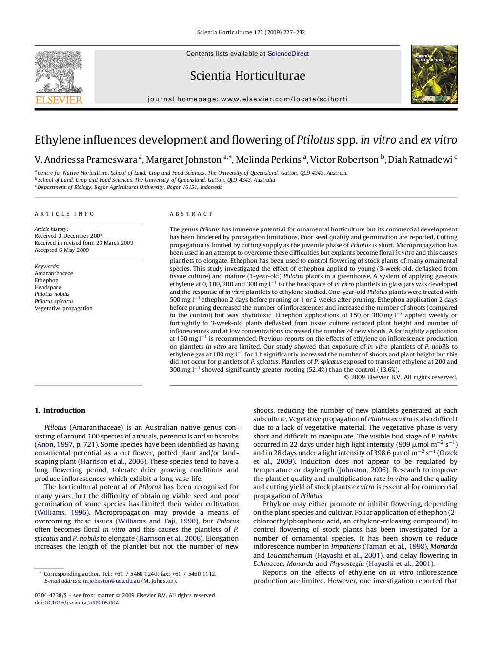 Ethylene influences development and flowering of Ptilotus spp. in vitro and ex vitro