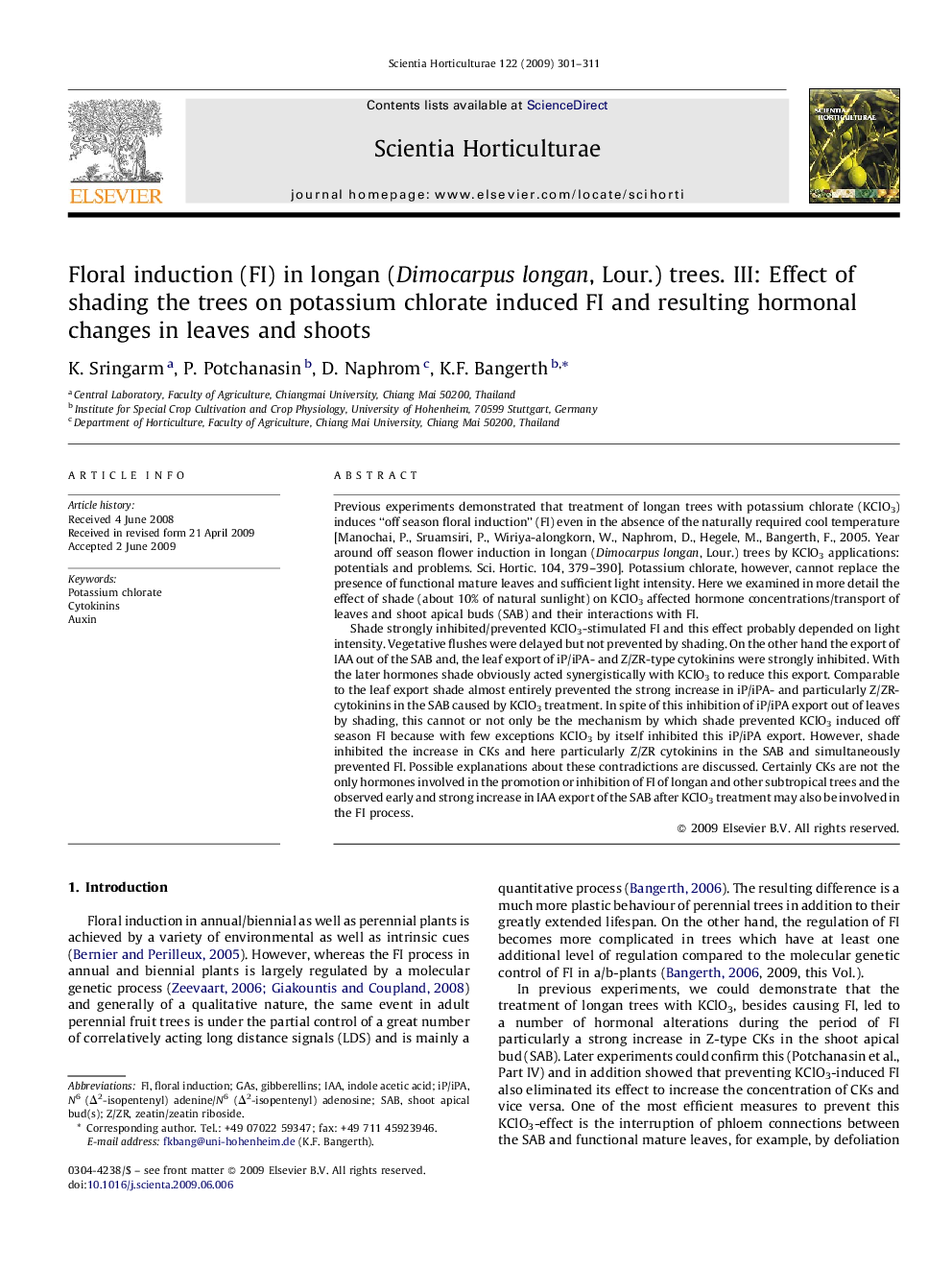 Floral induction (FI) in longan (Dimocarpus longan, Lour.) trees. III: Effect of shading the trees on potassium chlorate induced FI and resulting hormonal changes in leaves and shoots