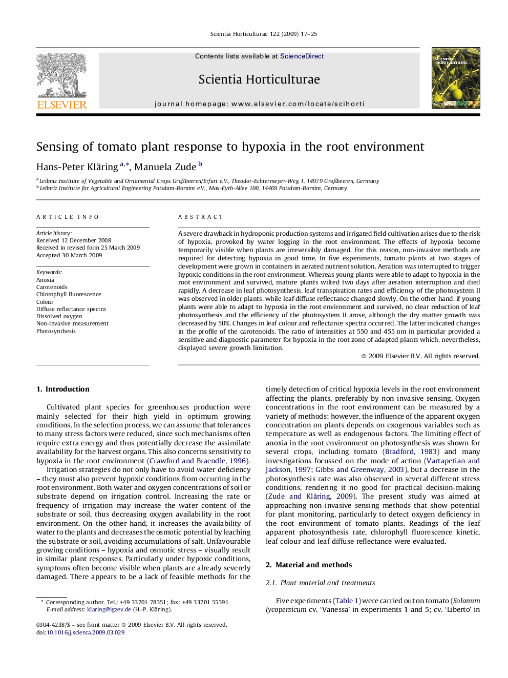 Sensing of tomato plant response to hypoxia in the root environment