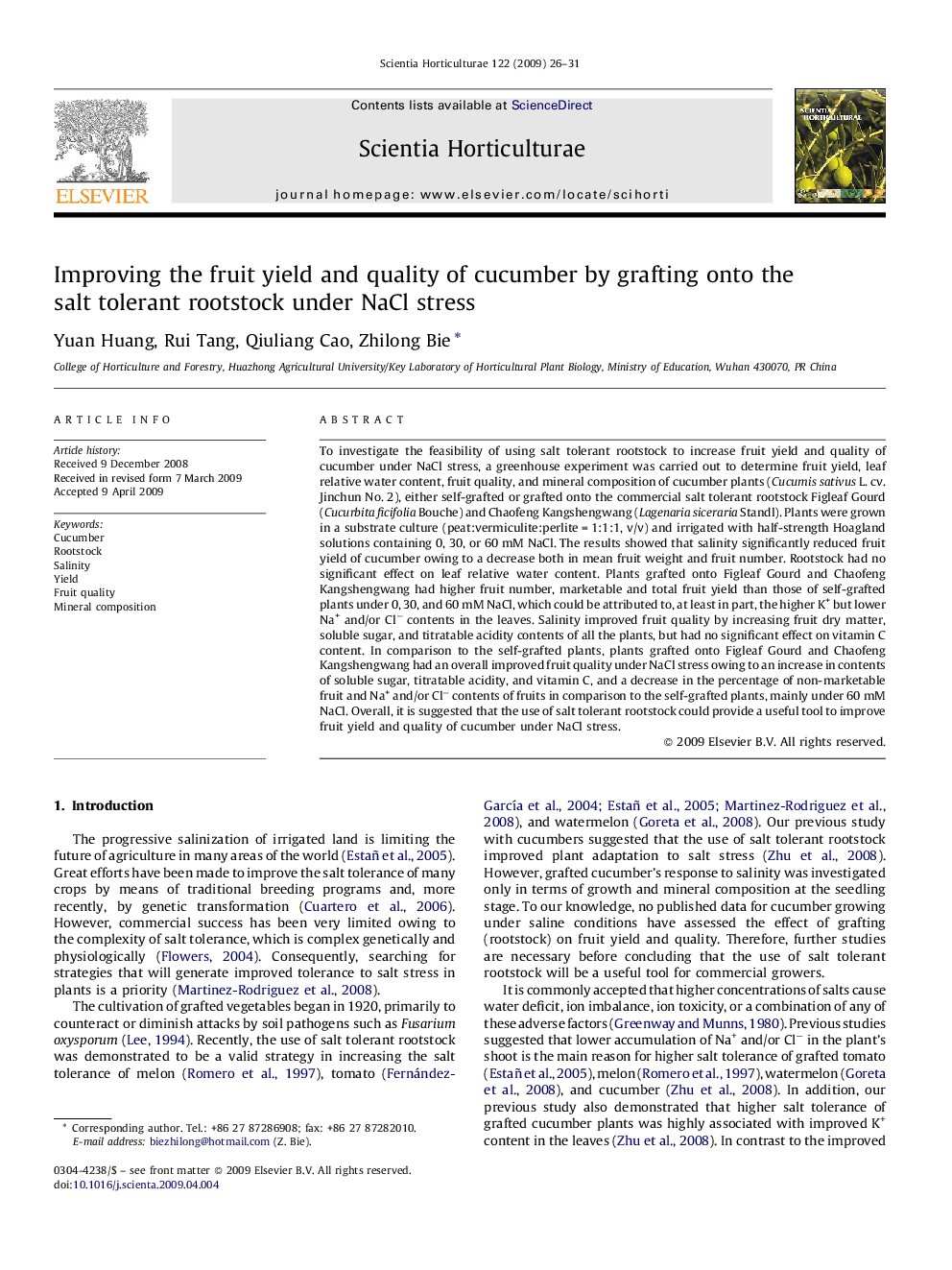 عکس صفحه اول مقاله: Improving the fruit yield and quality of cucumber by grafting onto the salt tolerant rootstock under NaCl stress Improving the fruit yield and quality of cucumber by grafting onto the salt tolerant rootstock under NaCl stress