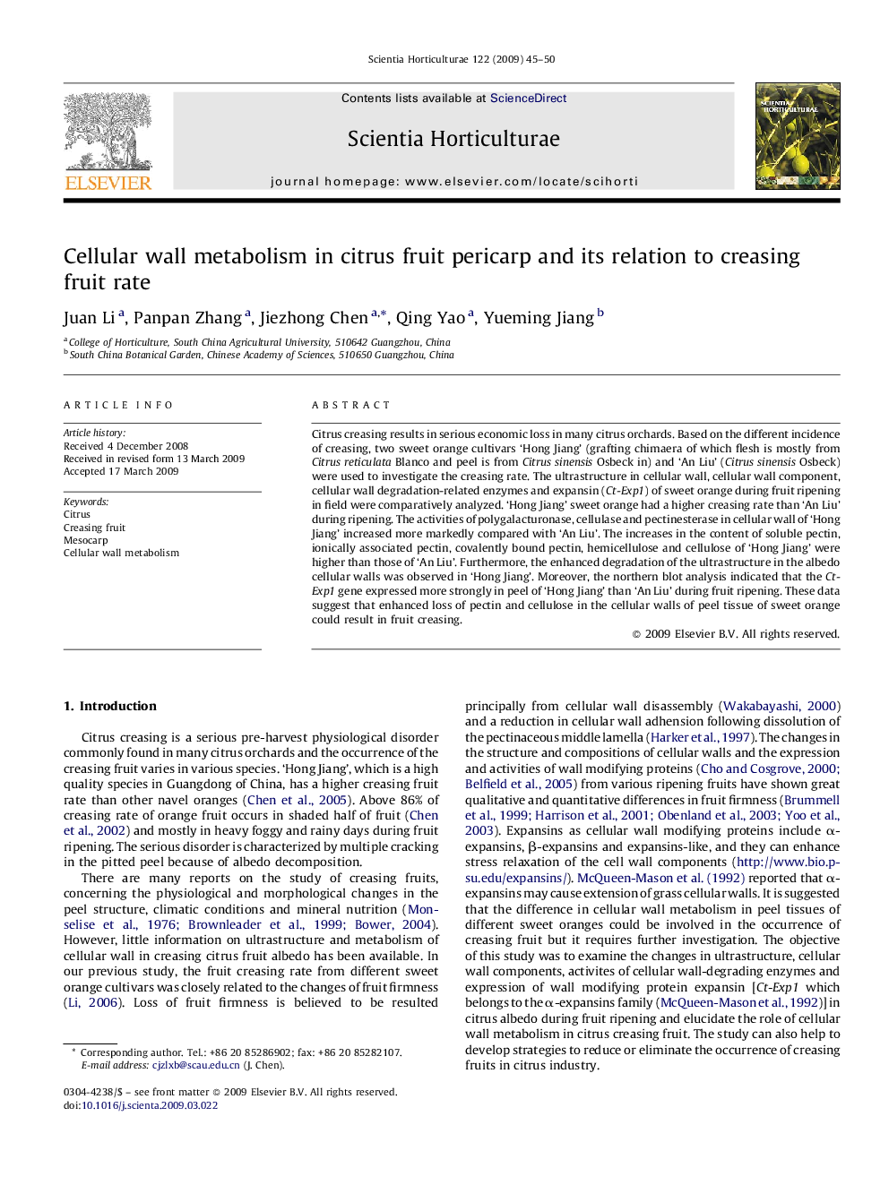 Cellular wall metabolism in citrus fruit pericarp and its relation to creasing fruit rate