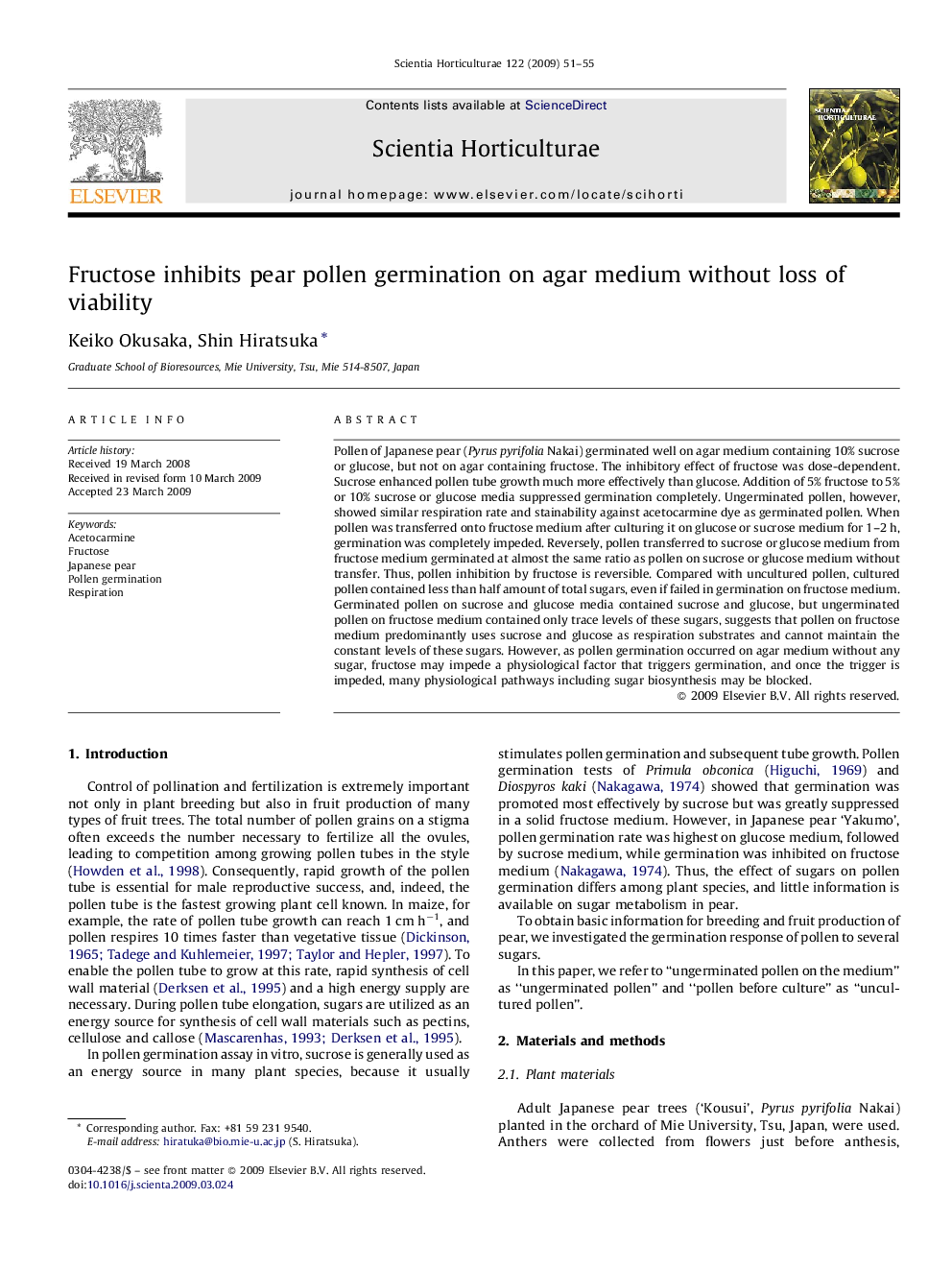 Fructose inhibits pear pollen germination on agar medium without loss of viability