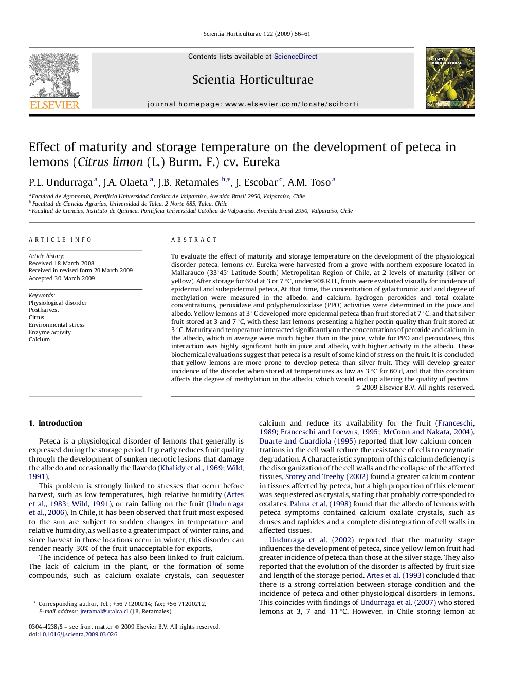 Effect of maturity and storage temperature on the development of peteca in lemons (Citrus limon (L.) Burm. F.) cv. Eureka