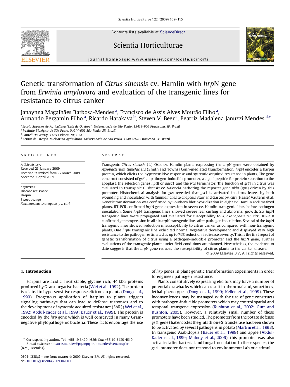 Genetic transformation of Citrus sinensis cv. Hamlin with hrpN gene from Erwinia amylovora and evaluation of the transgenic lines for resistance to citrus canker