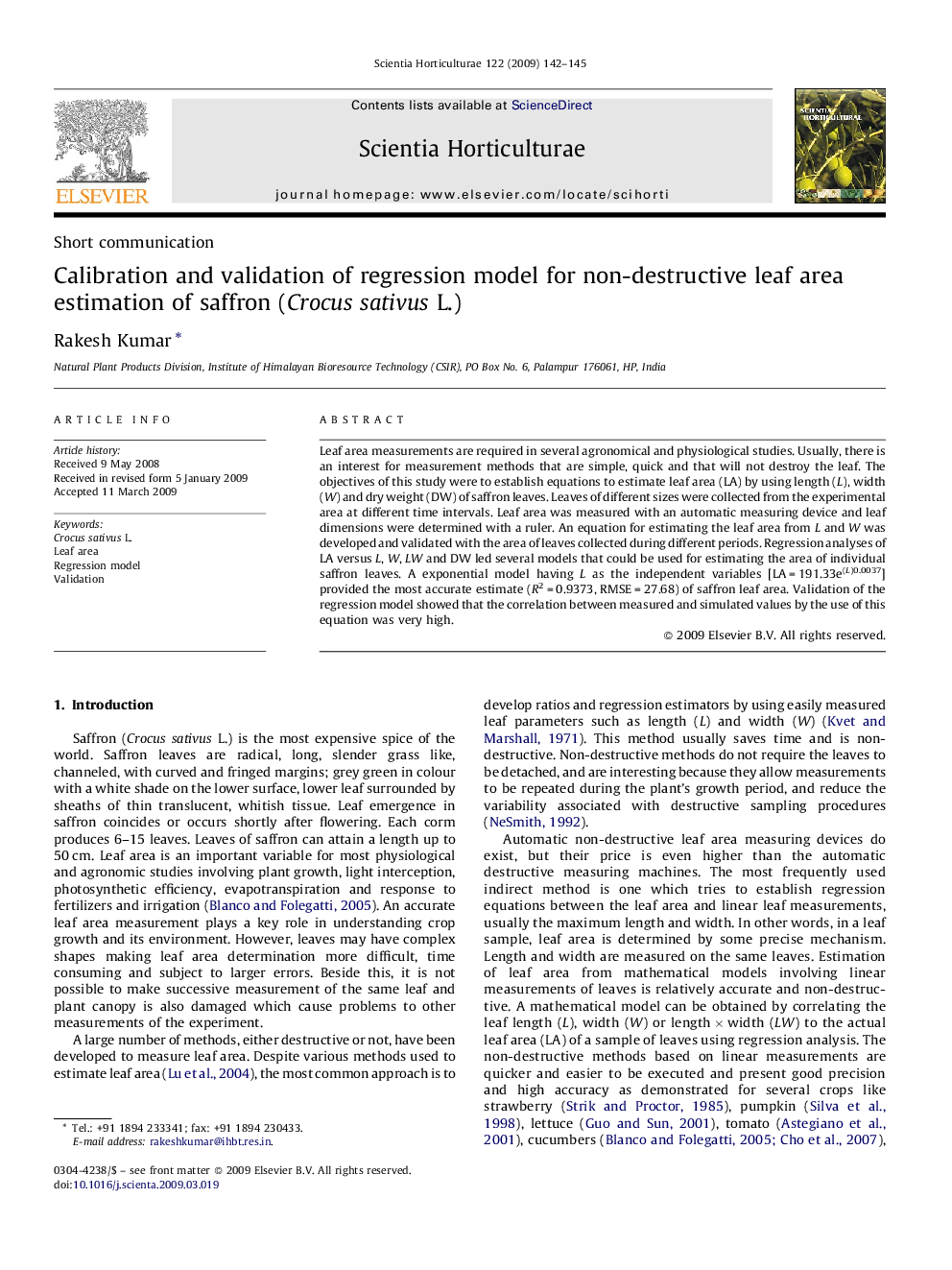 Calibration and validation of regression model for non-destructive leaf area estimation of saffron (Crocus sativus L.)