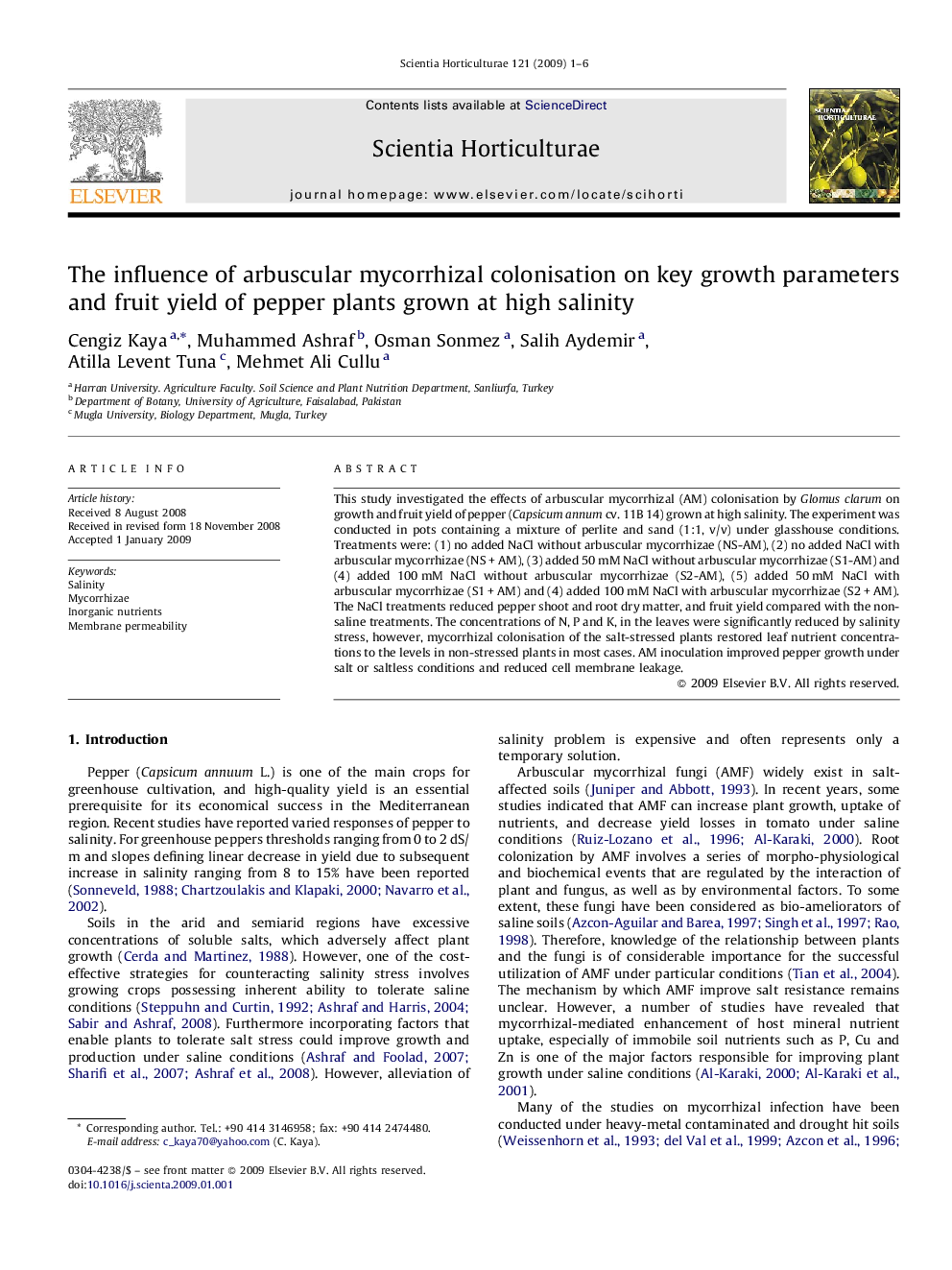 The influence of arbuscular mycorrhizal colonisation on key growth parameters and fruit yield of pepper plants grown at high salinity