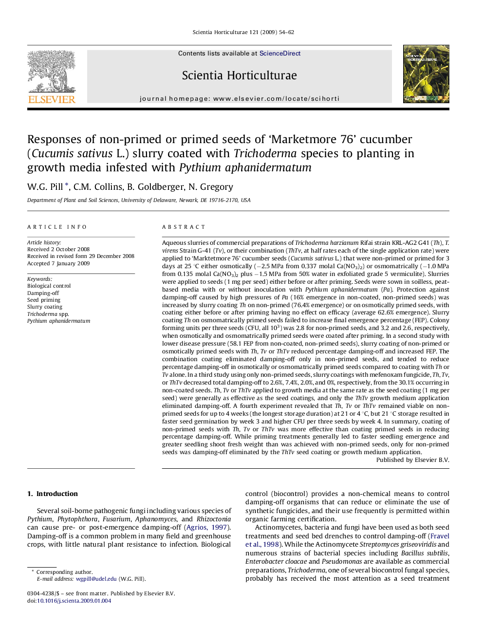 Responses of non-primed or primed seeds of 'Marketmore 76' cucumber (Cucumis sativus L.) slurry coated with Trichoderma species to planting in growth media infested with Pythium aphanidermatum