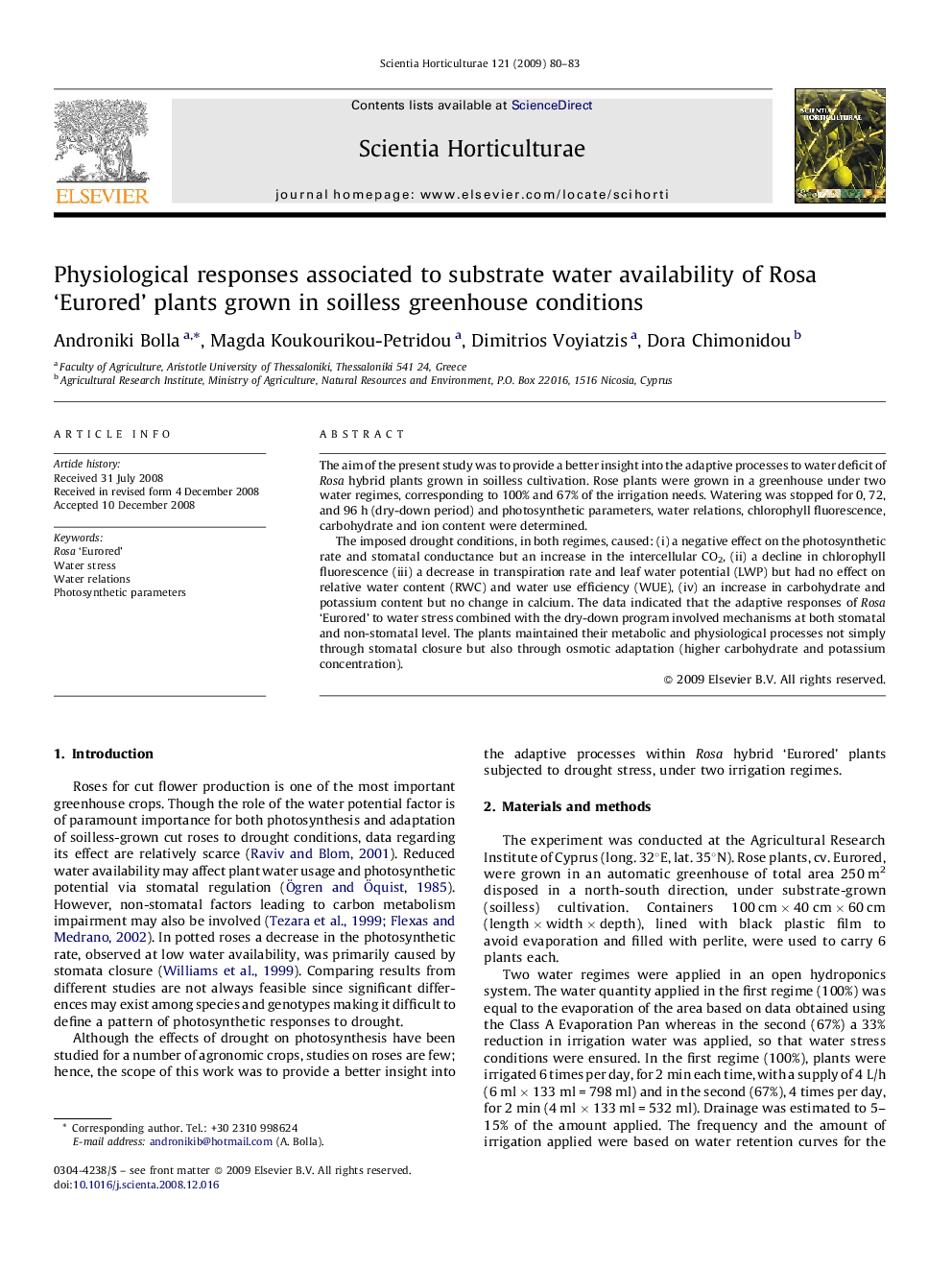 Physiological responses associated to substrate water availability of Rosa ‘Eurored’ plants grown in soilless greenhouse conditions