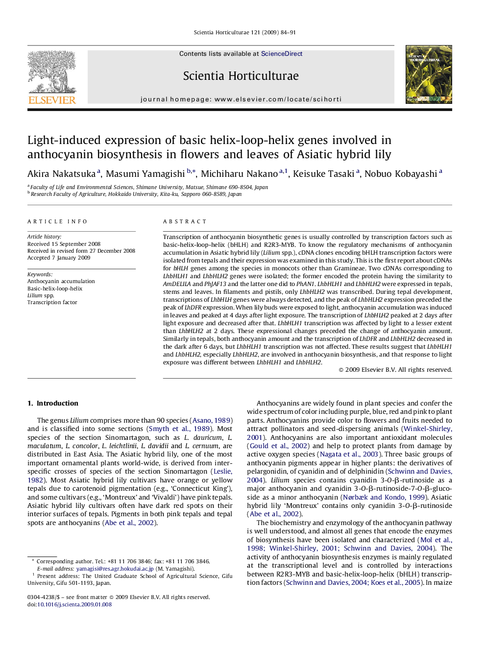 Light-induced expression of basic helix-loop-helix genes involved in anthocyanin biosynthesis in flowers and leaves of Asiatic hybrid lily