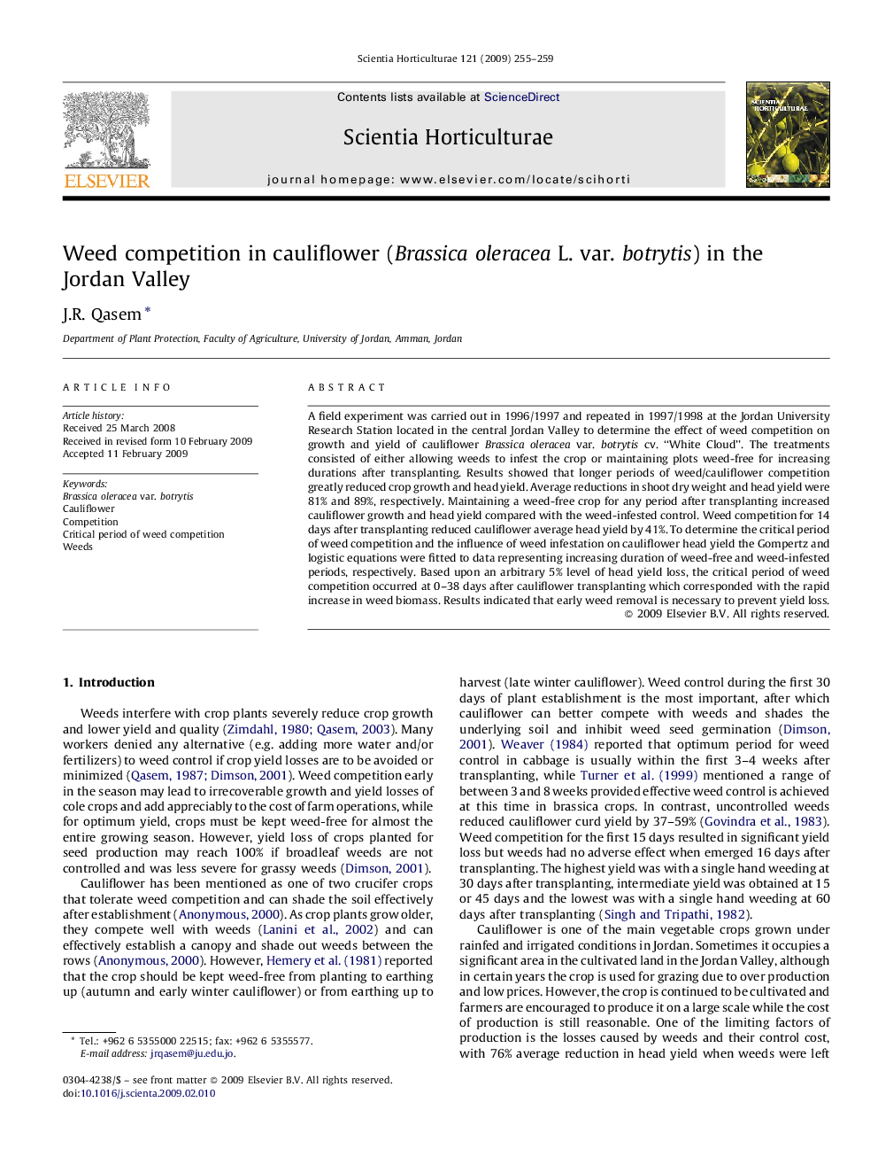 Weed competition in cauliflower (Brassica oleracea L. var. botrytis) in the Jordan Valley