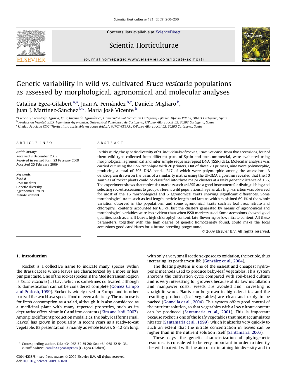 Genetic variability in wild vs. cultivated Eruca vesicaria populations as assessed by morphological, agronomical and molecular analyses