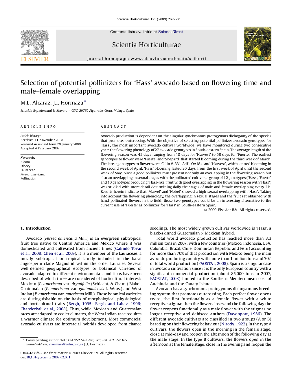 Selection of potential pollinizers for ‘Hass’ avocado based on flowering time and male–female overlapping