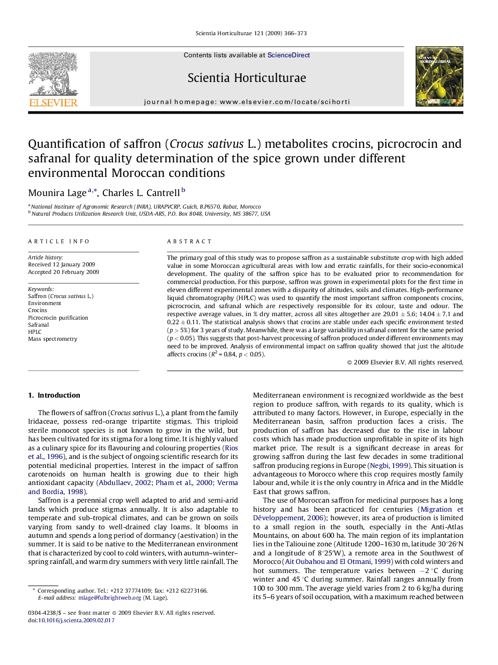 Quantification of saffron (Crocus sativus L.) metabolites crocins, picrocrocin and safranal for quality determination of the spice grown under different environmental Moroccan conditions