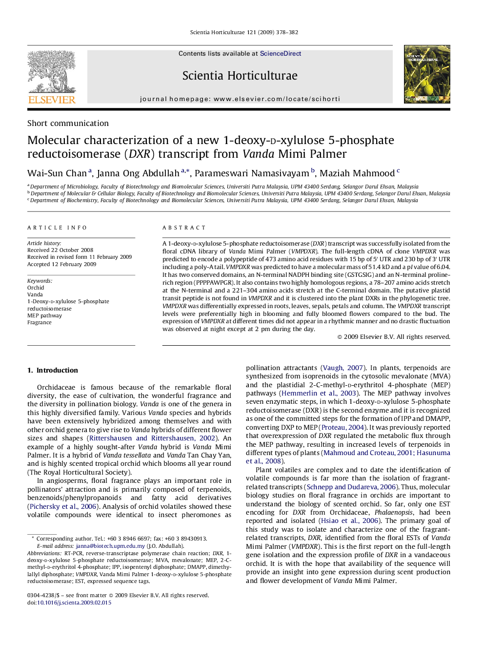 Molecular characterization of a new 1-deoxy-d-xylulose 5-phosphate reductoisomerase (DXR) transcript from Vanda Mimi Palmer