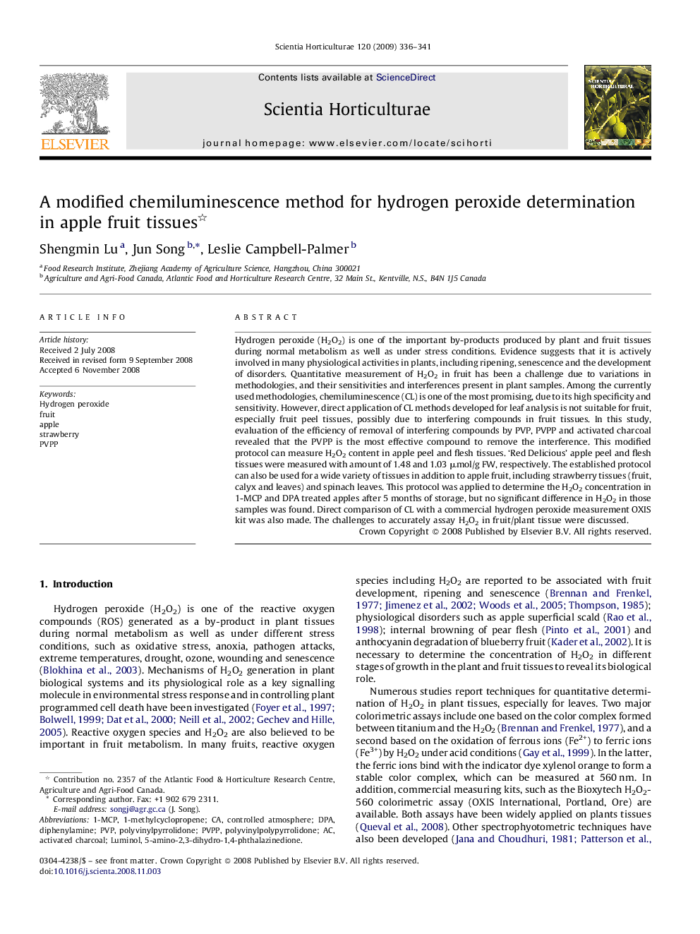عکس صفحه اول مقاله: A modified chemiluminescence method for hydrogen peroxide determination in apple fruit tissues A modified chemiluminescence method for hydrogen peroxide determination in apple fruit tissues