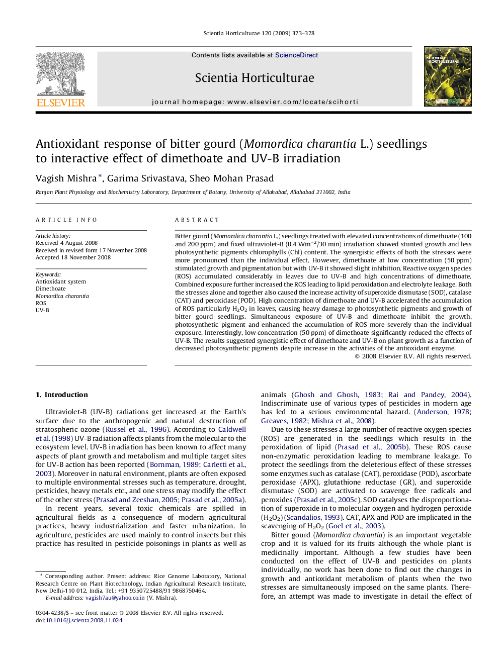 Antioxidant response of bitter gourd (Momordica charantia L.) seedlings to interactive effect of dimethoate and UV-B irradiation