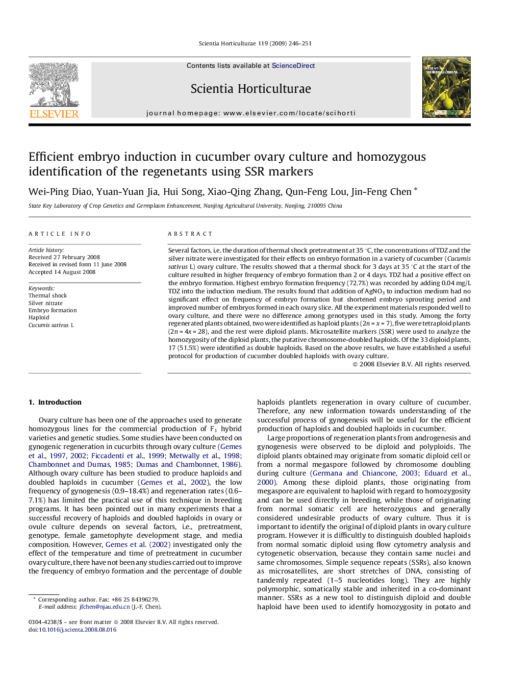 Efficient embryo induction in cucumber ovary culture and homozygous identification of the regenetants using SSR markers