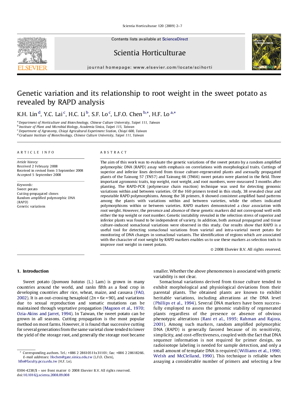 Genetic variation and its relationship to root weight in the sweet potato as revealed by RAPD analysis