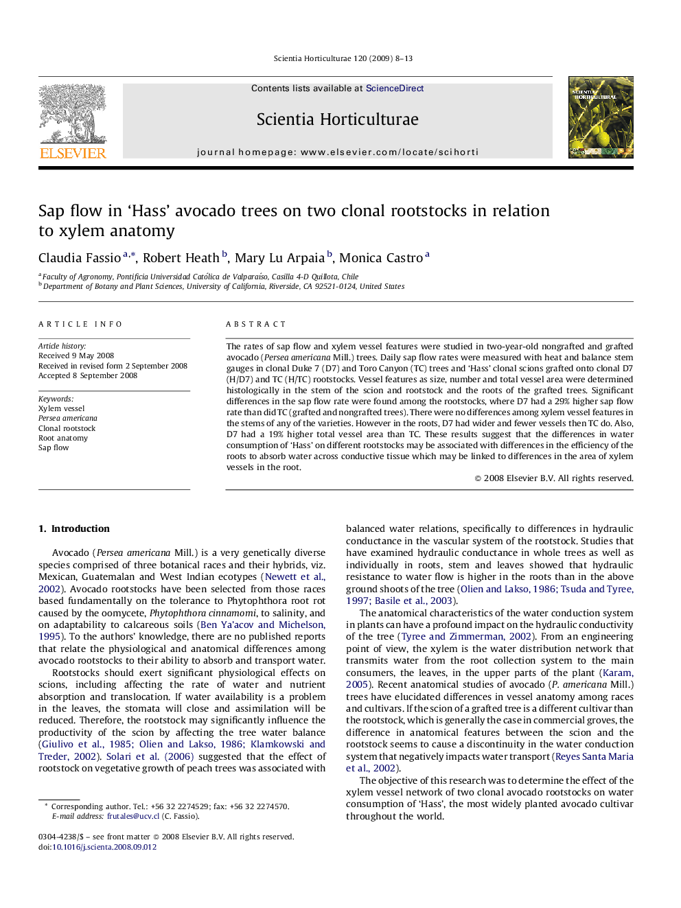 Sap flow in ‘Hass’ avocado trees on two clonal rootstocks in relation to xylem anatomy