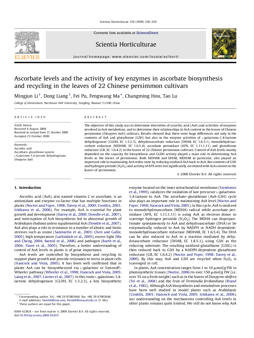 Ascorbate levels and the activity of key enzymes in ascorbate biosynthesis and recycling in the leaves of 22 Chinese persimmon cultivars