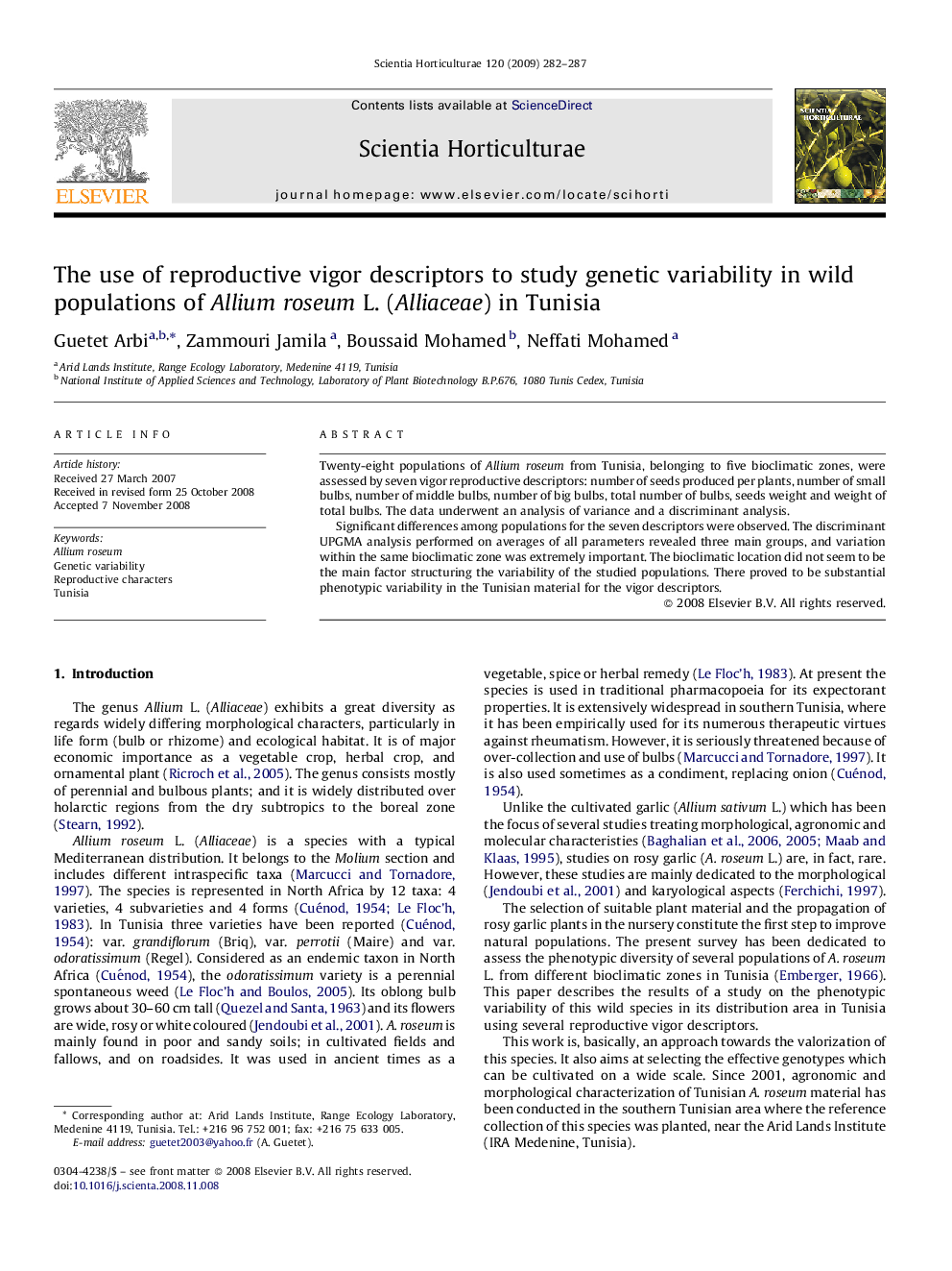 The use of reproductive vigor descriptors to study genetic variability in wild populations of Allium roseum L. (Alliaceae) in Tunisia