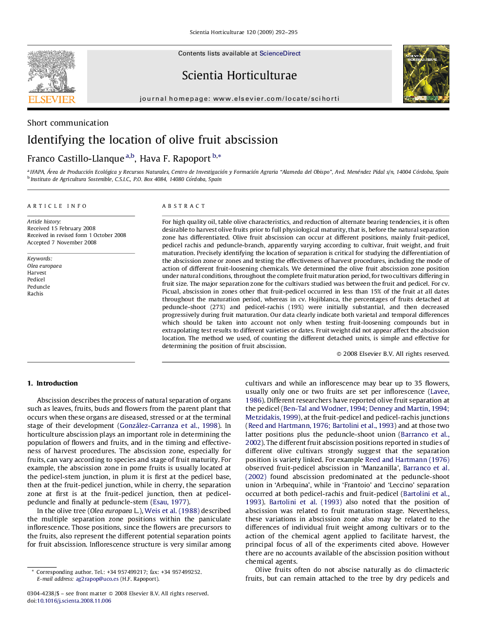 Identifying the location of olive fruit abscission