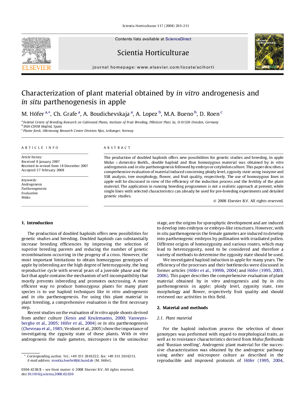 Characterization of plant material obtained by in vitro androgenesis and in situ parthenogenesis in apple