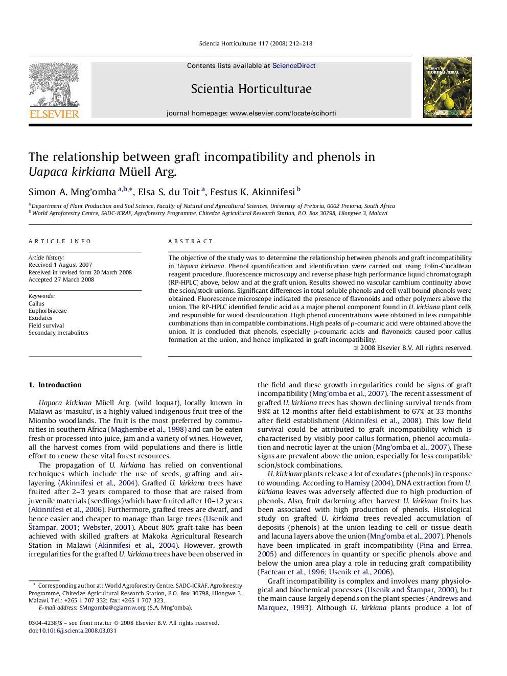 عکس صفحه اول مقاله: The relationship between graft incompatibility and phenols in Uapaca kirkiana Müell Arg. The relationship between graft incompatibility and phenols in Uapaca kirkiana Müell Arg.