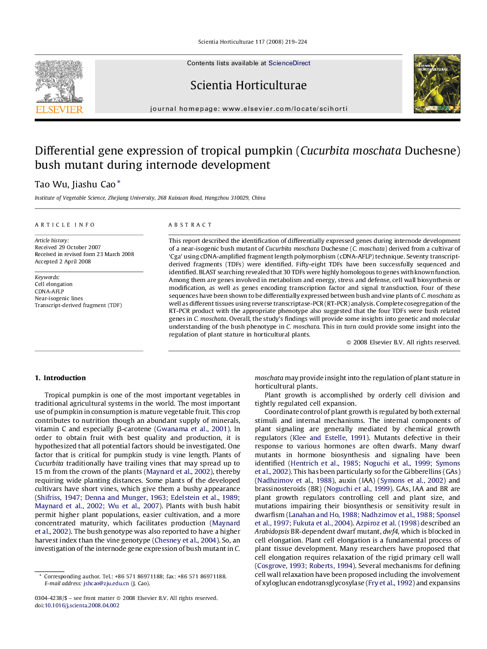 Differential gene expression of tropical pumpkin (Cucurbita moschata Duchesne) bush mutant during internode development