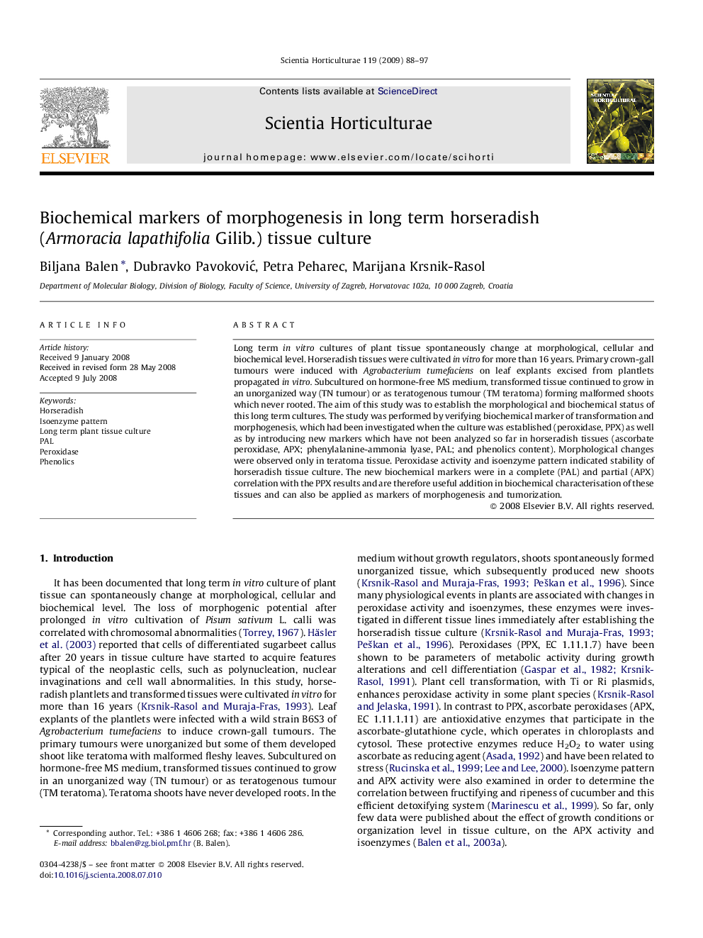 Biochemical markers of morphogenesis in long term horseradish (Armoracia lapathifolia Gilib.) tissue culture